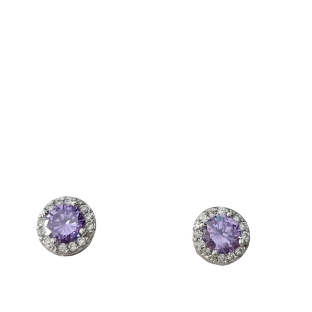 Elegant Round Halo Amethyst & White Topaz Stud Earrings - Picture 2 of 3